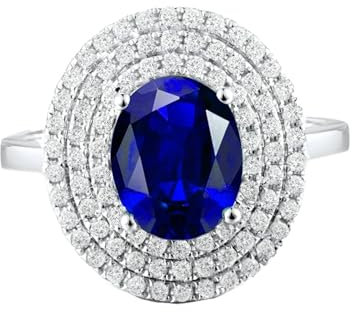 Freundschaftsringe Best Friends, Ring 18K Gold Weißgold Lab Saphir 1.6CT Blau Ovalschliff VVS mit Diamant 0.49CT Weiß Größe 50 (15.9) Personalisiert