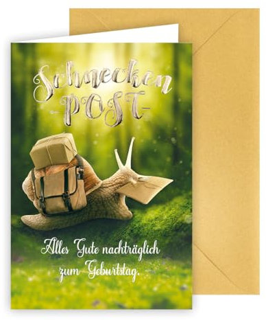KE - Nachträgliche Geburtstagskarte, inkl. Umschlag, DIN B6 Format, Humorvolle Verspätete Wünsche, gold, Motiv: Schneckenpost