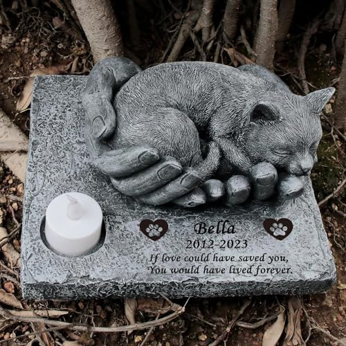 JHB Personalisierte Katzen Gedenksteine, lasergravierte 3D-Statue schlafende Katze, Wasserdicht Katze Grabstein, Katzen Gartensteine, Katze Grab Markierungen,Haustier-Grabstein Kitty, Katzen-Andenken