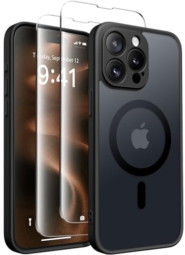 CAPRARO Magnetische für iPhone 15 Pro Hülle,[Kompatibel mit MagSafe] [Vollständiger Schutz der Kamera] Stoßfester Schutz Schlank Durchscheinende Matte iPhone 15 Pro Hülle,Schwarz