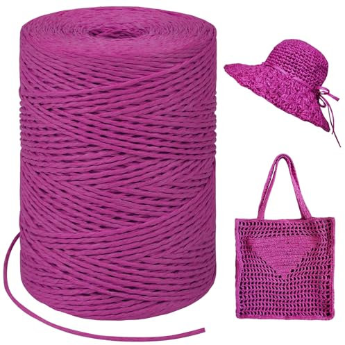 LEREATI Raffia Garn zum Häkeln, Bastband Natur 1.5mm x 300m Papiergarn Geschenkbänder, Bändchengarn zum Häkeln, Papierdraht zum Häkeltaschen, Körbe, Hüte, Geschenkverpackung (Rosenrot)
