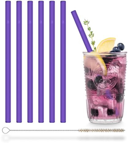 Halm Lila NEON Glass Straws 6 Pieces 20 cm 6 Neon, + Plastic-Free Cleaning Brush - Dishwasher Safe - Sustainable - Glass Drinking Straws Glass Straws for Cocktails, Smoothies, Juice
