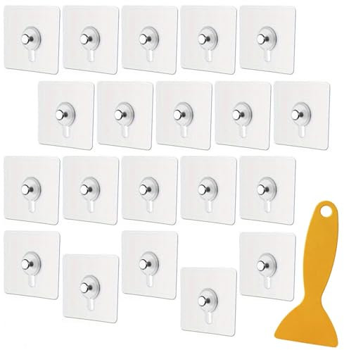 20 Pcs Adhesive Picture Hooks, Transparent Self Adhesive Wall Nail, No Drilling Frame Hanging Hook, Waterproof Heavy Duty Picture Hangers with Scraper, for Pictures Frames and Wall Décor