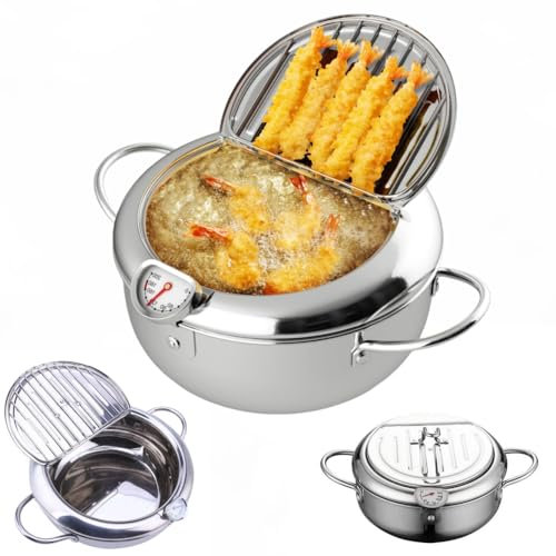 Stainless Steel Frying Pot with Thermometer and Oil Drip Drainer Rack, Japanese Deep Fryer Pot Extra Large, Stainless Steel Deep Frying Pan with Lid (24cm)