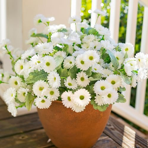 Flores artificiales de dalia para decoración de primavera al aire libre, 6 paquetes de flores de seda blanca de dalia sintética para exteriores, resistentes a los rayos UV, para maceta, puerta