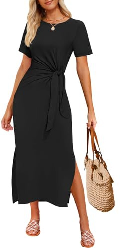 ZESICA Abito midi da donna, aderente, estivo, a maniche corte, collezione 2025, casual, girocollo, in maglia avvolgente, da legare in vita, abito lungo