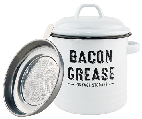 YOKODU 42oz Vintage Bacon Grease Container with Strainer,Retro Countertop Storage Jar, Leak-Proof Grease Keeper for Kitchen(White)