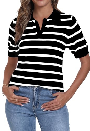 YUNDAI Womens Short Sleeve Striped Collared T Shirt Knit Summer Jumpers Top | Striped short sleeve polo top with V neck, ribbed knit fabric, slim fit, soft breathable for summer daily casual outfits