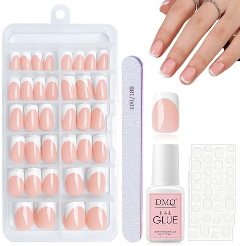 DMQ French False Nails Short, 120Pcs Square Press On Nails Kit, White Tip Fake Nail Tips, Full Cover Stick on Nails with Nail Glue for French Nail Art Manicure Decorations