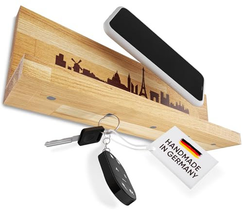 WALDMITTE Schlüsselbrett Holz mit Ablage-Brett - Handgemachtes Wand-Schlüsselboard mit starken Neodym-Magneten | Schlüsselhalter Flur, Schlüsselablage für Schlüssel Handy & Co. (Städte 23, STÄDTE)