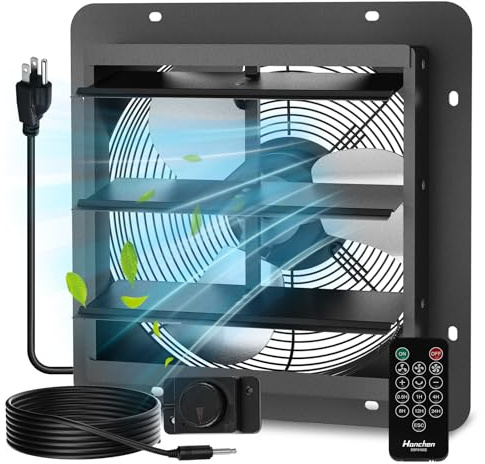 12” Wall Mounted Shutter Exhaust Fan - EC Motor, Remote & Speed Controller, Aluminum Auto Shutter Ventilation Fan, Energy Efficient Low Noise Attic, Coops, Greenhouse, Barn, Garage, Shed Ventilator