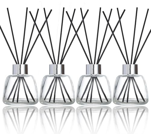 Kaxich 4 Pack Reed Diffuser Bottle Empty Glass Jar 100ml Refillable Essential Oil Bottles with 30pcs Reeds Sticks, Elegant Home Decor Set for Bedroom, Bathroom, Office Decoration Gift