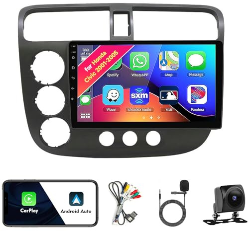 Radio estéreo para Honda Civic 2001-2005, Aire Acondicionado Manual, Android 13, Pantalla táctil IPS de 9 con CarPlay y Android Auto, navegación GPS, DSP SWC, cámara WiFi 5G(8Core 8+128GB)