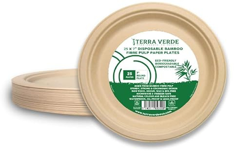 Terra Verde 25-Pack 7 Bamboo Fibre Pulp Disposable Plates for Parties Biodegradable Unbleached Brown, Odour-Free, Food-Safe, Leak-Proof, Microwave-Safe Tableware for Picnic, BBQ, Catering & Events