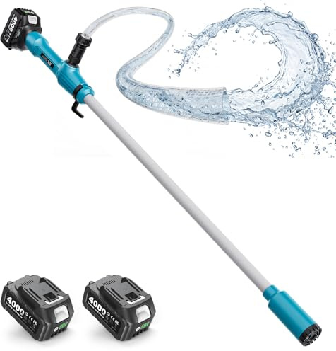 SEESII Kabellose Stab-Wasserpumpe, 5,6 cm Filterkopf, Wasser & Dieselöl | 2725 L/h & 5M Förderhöhe, 2×4,0Ah Akkus, 30-Min Laufzeit pro Akku, für Pool, Teich, Keller, Boot, Garten, RV & Regentonnen