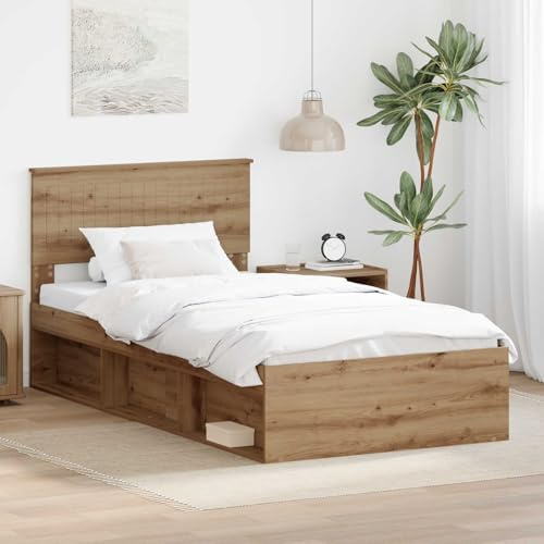 Ziaphsol Bettrahmen 100x200 cm, Kunsthandwerk Eiche Holzwerkstoff, Einzelbett mit Kopfteil aus Kiefernholz, Plattformbett für Schlafzimmer, langlebig, pflegeleicht
