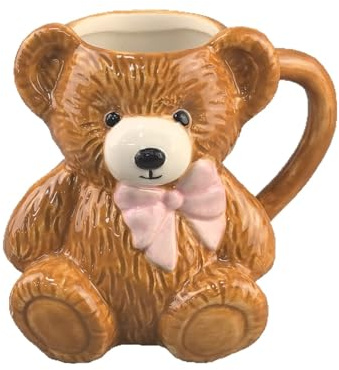 Ceramic Teddy Bear Mug with Pink Bow, 320ml Novelty Coffee Cup, Brown Bear Design with Handle, Cute Animal Shaped Drinkware for Coffee and Tea