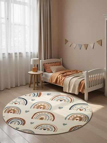 Hanse Home Adventures Kinderteppich Rund Bowie - Kinderzimmerteppich Regenbogen, Herz Motive, Bogen, Spielteppich Bunt, Junge, Mädchen, Teppich Kinderzimmer, Wohnzimmer - Creme Mulitfarben, Ø160cm