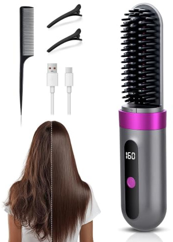 Lizoak Kabellose Glättbürste mit Akku, Ionen Haarglätter Bürste 160–200°C, 3 Temperaturstufen, LED Display, Keramik Hair Straightener Brush USB-C, Tragbar für Reisen & Anti-Frizz Styling