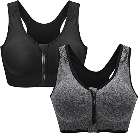 Zoerea Sports BH Damen Push Up Zip Front, 2er Pack Impact Yoga Bra, Gr.-L: Fit 80B 80C 85A 85B 85C, Schwarz und Grau