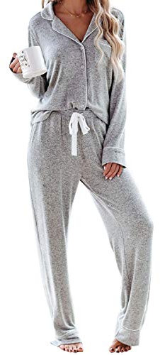 Schlafanzug Damen Lang Pyjama Sets mit Knopfleiste Zweiteiliger Nachtwäsche Hausanzug(XL,Grau)