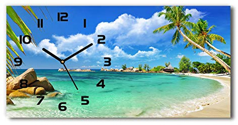 Tulup Wanduhr aus Glas 60x30 cm Glas Uhr Bild Glasuhr Gehärtetes Glas Küchenuhren - Schwarze Zeiger - Seychellen-Strand