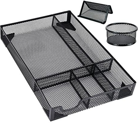 Aileese Desk Drawer Organizer Tray- Metal Mesh 5 Compartments Large Space,Multi-use Storage Box Set for Office,Bathroom,Kitchen Flatware,Makeup