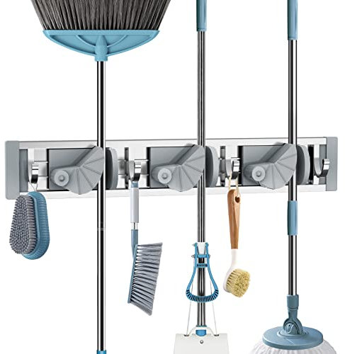 HCYW Broom Holder, Aerospace-grade Aluminum Brush Holder, Heavy Duty Mop and Broom Holder Wall Mounted with 3 Slots and 4 Hooks for Garden, Garage, Kitchen, Office, and Laundry Room (Silver)