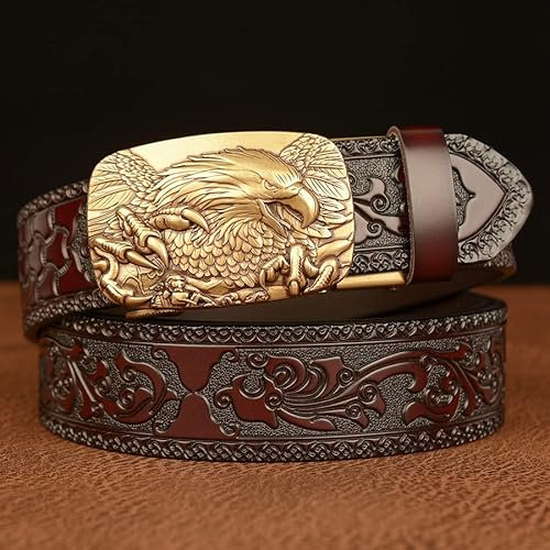 Yesbon Männer Personalisierte Kuhfell geschnitzt Gürtel Automatische Schnalle Echtes Leder Gürtel mit Adler-Muster,Kaffee,110cm/waist:30~33