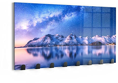 DEQORI Wandgarderobe Glas & Metall | Motiv Galaxis über Fjord | 60x30 cm | Design Haken-Leiste modern | Garderoben-Paneel für Flur, Wohnzimmer & Schlafzimmer | magnetisch & beschreibbar