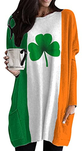 OMZIN Frauen St. Patrick's Day Rundhalsausschnitt Sweatshirts Langarm Klee Lang Pullover Mit Taschen Orange S