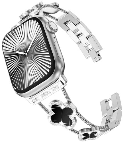 KADES Edelstahlarmband für Apple Watch Armband Damen,Glitzer Diamant Gliederarmband für Apple Watch SE,Metallarmband für Apple Watch series 10 42mm,9/8/7 41mm,6/5/4 40mm,3/2/1 38mm,Silber/Schwarz