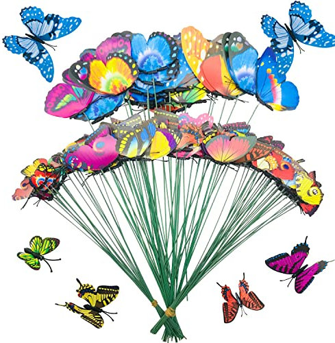 Voarge 25pcs Garden Butterflies on Sticks, Garden Butterfly Ornaments Colorful Simulation Butterfly, Colorful Garden Butterflies Stakes decorative for Yard Patio Plant Party Decorations