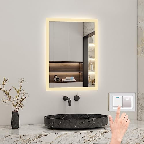 Biubiubath 50x70cm LED Badspiegel mit Wandschalter/Touchschalter,Badspiegel mit Beleuchtung,Beschlagfrei,Badezimmerspiegel mit 3 Lichtfarbe 3000-6000K Dimmbar,IP44