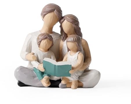 OTANG Family of 4 Reading Book Figurines, Hand-Painted Figures Gifts for Parents or Daughter and Son, Family Sculpture for Shelf Decor Desktop Home Bedroom Living Room Decoration