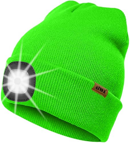 ATNKE LED Beleuchtete Mütze mit Licht,Wiederaufladbare USB 4 LED Beleuchtete Laufmütze Extrem Heller Lampe Winter Warme Stricken Mütze Technik Geschenke für Herren und Damen/Fluorescent Green
