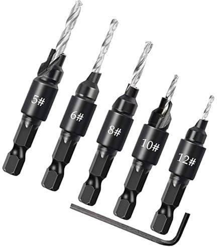 Meichoon Broca avellanadora hexagonal de profundidad ajustable de liberación rápida 3 en 1, brocas piloto cónicas chaflán para carpintería con llave hexagonal 5# 6# 8# 10# 12# 5 paquete de