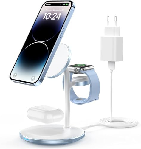 Estación de Carga inductiva 3 en 1 para Varios Dispositivos, estación de Carga mag-Safe de 15 W para iPhone 15 14, Cargador mag-Safe para iWatch Ultra 2/1/Series 9, AirPods, Azul