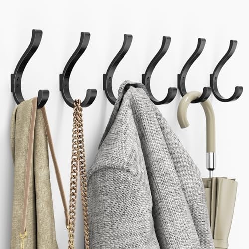jockcaras Wall Hooks for Hanging Coat/Backpack - 5.4'' Large 40LBS Heavy Duty Hanger Wall Mount Screw in, for Towel, Closet, Robe, Bag, Outdoor, Black 6 Pack