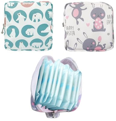 DHWEKU Proteggi Slip Borsa per Assorbenti Igienici, Confezione da 2 Assorbenti Assorbenti Impermeabili con Cerniera, Borsa per il Primo Periodo da 13 * 13 cm per Ragazze (Blu, bianco)