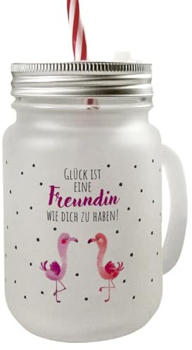 speecheese Flamingo Mason Jar Henkel Trinkglas mit Deckel mit Spruch Glück ist eine Freundin wie dich zu haben ein liebevolles Glas für beste Freunde Motiv Geburtstagsgeschenk Frauen haben