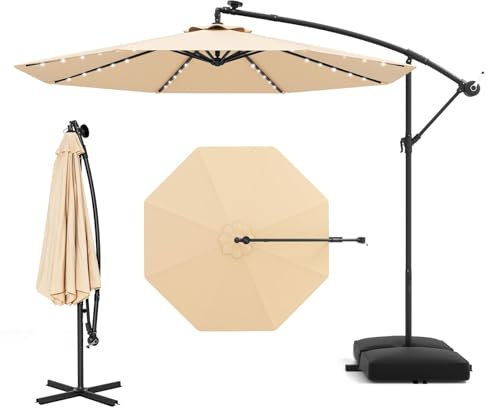 SPOTRAVEL 3M Cantilever Garden Parasol, Square Hanging Sun Shade Banana Umbrella with 40 LED Lights, Sand Bag & Solar Panel Batteries, Outdoor Offset Market Umbrella for Patio Balcony (Beige)