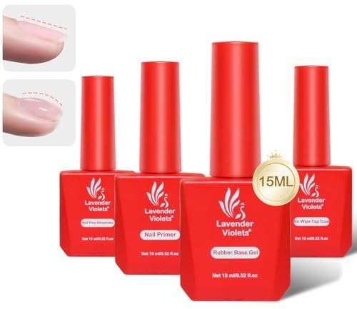 Lavender Violets 15ml x4 Nail Dehydrator and Primer for Gel Nails Rubber Base Gel Top Coat and Base Coat No Wipe UV Soak off Manicure Varnish Nail Bed Protection Long Lasting #2578