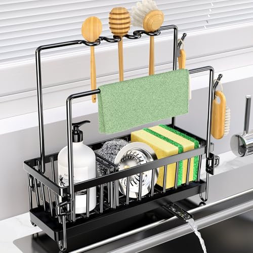 PKBD Kitchen Sink Caddy, Sponge Holder for Sink Tidy,Kitchen Storage Organiser with Removable Drain Tray&Partitions, Dishcloth&Brush Drainer Rack, Black