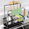 PKBD Kitchen Sink Caddy, Sponge Holder for Sink Tidy,Kitchen Storage Organiser with Removable Drain Tray&Partitions, Dishcloth&Brush Drainer Rack, Black