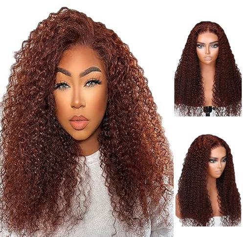 Shoaiye 13x6 Lace Front Echthaar Perücke Damen Curly Wave Human Hair Wig Wear and Go Glueless Remy Pre Plucked Natural Hairline 150% Density Reddish Brown Color for Woman 34 Inch