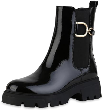VAN HILL Damen Klassische Stiefeletten Leicht Gefüttert mit Blockabsatz Profilsohle Plateau Vorne