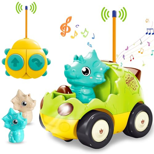 Pup Go Kleinkind Dinosaurier RC Cartoon Auto mit Musik und Lichtern, 2 austauschbare Puppen, Erste Ferngesteuerte Auto für Jungen und Mädchen, 18 Monate Geburtstag Weihnachten