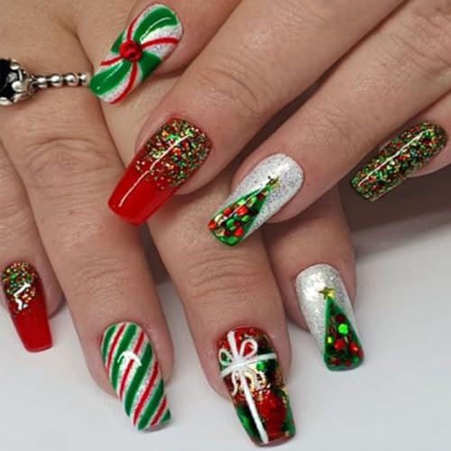 24PCS Christmas Long False Nails with Glue Stickers,Coffin Full Cover Acrylic Press on Nails no Glue,Red Green Snowflake French Fake Nails for Women and Girls Nail Art