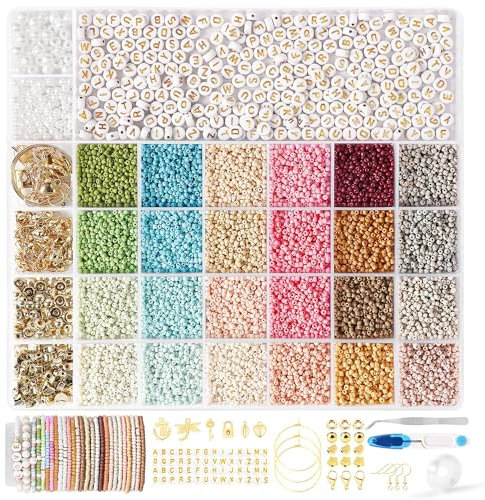 JHWELRG 24 Farbe Selber Machen Perlen für Armbänder Set 3mm,mit Goldenen Buchstabenperlen DIY Schmuckherstellungs Sets,Mädchen und Erwachsene Geschenkidee für Weihnachtsferien,Geburtstags Partys